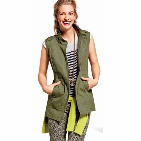 CAbi Explorer Army Green Long Utility Vest Size Small 5101 Military Womens Zip - Picture 1 of 4